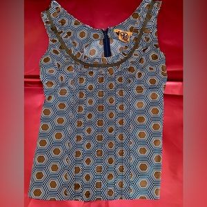 Tory Burch Navy/Brown/White Hexagon Print Sleeveless Top - Size 2